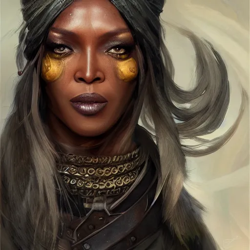 Image similar to beautiful, very strong, naomi campbell, middle aged, face, no makeup, no tattoos, warrior, battle hardened, head shot, fantasy, highly detailed, digital painting, artstation, concept art, smooth, sharp focus, illustration, art by jodie muir and brom