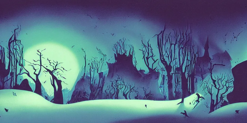 Prompt: a night landscape background, rob gonsavles, eyvind earle, nightmare before christmas