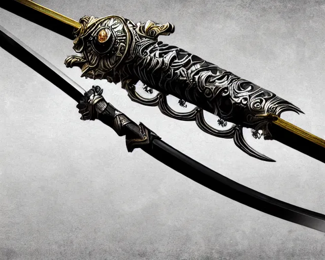 Image similar to legendary cybernetic full long sharp sword lying flat on a glowing table with a black and iridescent sword blade, digital award winning hd matte painting, intimate dark moody, intricate, ornate spikes, colorful gems on hilt, detailed realistic raytraced blade, future golden technological pommel, deviantart