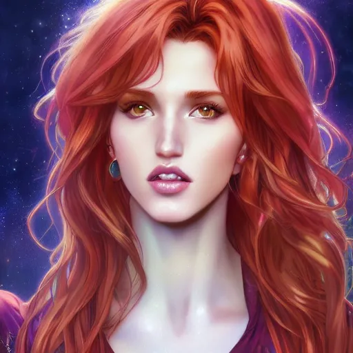 Image similar to ultra realistic illustration, bella thorne as starfire anime, intricate, elegant, highly detailed, digital painting, artstation, concept art, smooth, sharp focus, illustration, art by artgerm and greg rutkowski and alphonse mucha and wlop