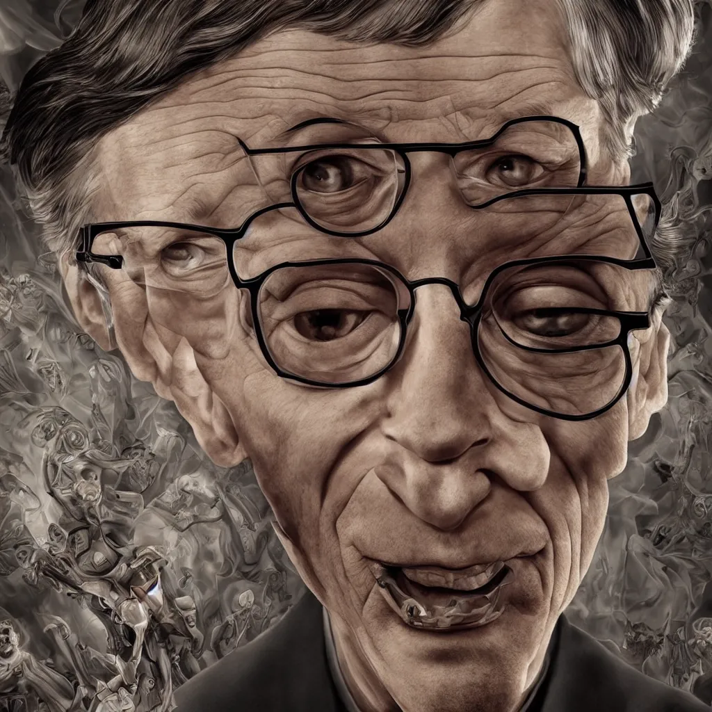 Prompt: cinematic portrait of bill gates looking evil with a 3d . Centered, uncut, unzoom, symmetry. charachter illustration. Dmt entity manifestation. Surreal render, ultra realistic, zenith view. Made by hakan hisim feat cameron gray and alex grey. Polished. Inspired by patricio clarey, heidi taillefer scifi painter glenn brown. Slightly Decorated with Sacred geometry and fractals. Extremely ornated. artstation, cgsociety, unreal engine, ray tracing, detailed illustration, hd, 4k, digital art, overdetailed art. Intricate omnious visionary concept art, shamanic arts ayahuasca trip illustration. Extremely psychedelic. Dslr, tiltshift, dof.  64megapixel. complementing colors. Remixed  by lyzergium.art feat binx.ly and machine.delusions. zerg aesthetics. Trending on artstation, deviantart