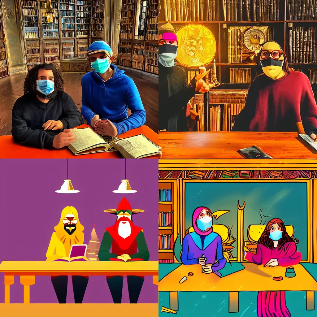 Prompt: two wizards with trbal masks on sitting at a table in a golden library, colorful, epic lighting