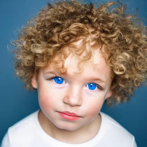 Prompt: toddler boy with curly light blond hair and blue eyes, photography, realistic