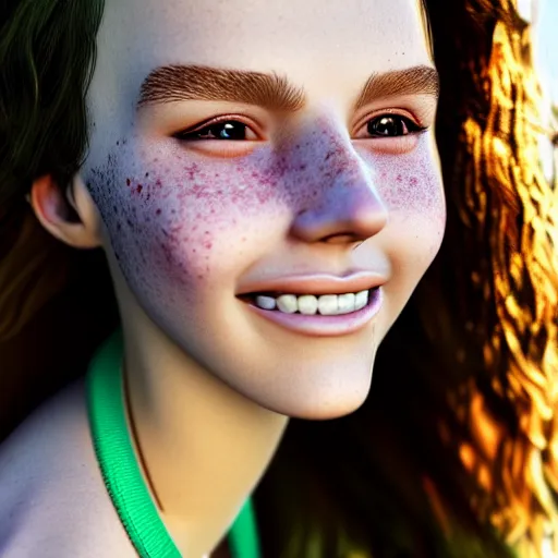 Image similar to portrait of a cute thin young woman, bronze brown hair, eye color is emerald green, red blush, cute freckles, smug smile, modern clothes, relaxing on the beach, golden hour, close up shot, 8 k, art by irakli nadar, hyperrealism, hyperdetailed, ultra realistic