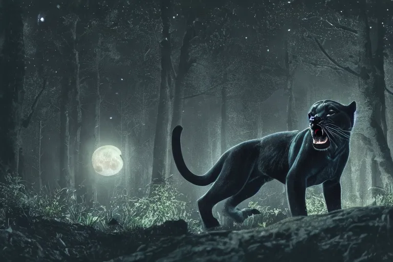 Image similar to a panther roaring in a forest during the night, large moon in the center. high quality. illustration. 4 k. cinematic. photoreal. highly detailed. dramatic. darkness. moon.