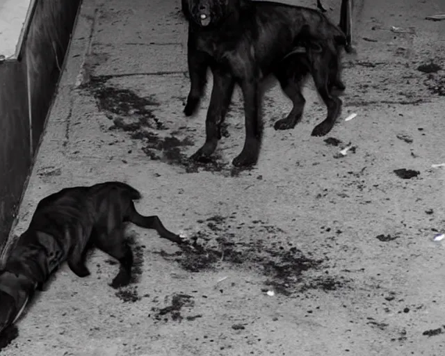 Image similar to camera footage of a 3 Aggressive Feral Black Dogs with severe rabies Chasing a young woman in an abandoned shopping mall, high exposure, dark, monochrome, camera, grainy, CCTV, security camera footage, timestamp, zoomed in, Feral, fish-eye lens, Nightmare Fuel, Zombie Dog, Evil, Bite, Motion Blur, horrifying, lunging at camera :4