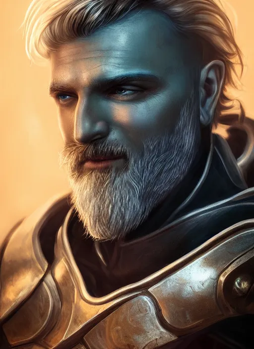 Image similar to an epic fantastic realism comic book style portrait painting of an aasimar paladin, male, silver hair, short brown beard, glowing eyes, d & d concept art, regal, unreal 5, daz, teal aesthetic, octane render, cosplay, rpg portrait, dynamic lighting