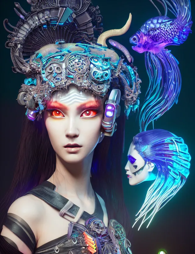 Image similar to 3 d goddess close - up profile portrait cyberpunk with ram skull. beautiful intricately detailed japanese crow kitsune mask and clasical japanese kimono. betta fish, jellyfish phoenix, bio luminescent, plasma, ice, water, wind, creature, artwork by tooth wu and wlop and beeple and greg rutkowski