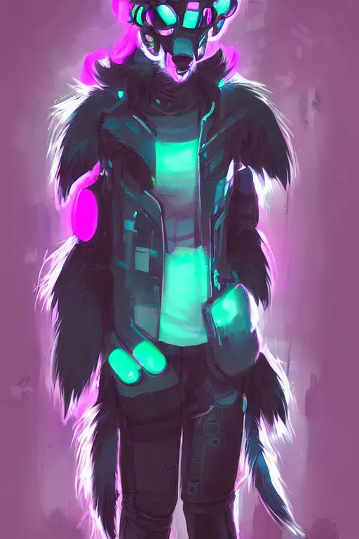 Prompt: a cyberpunk anthropomorphic wolf with a fluffy tail, comic art, trending on furaffinity, cartoon, kawaii, backlighting, furry art!!!, neon, concept art