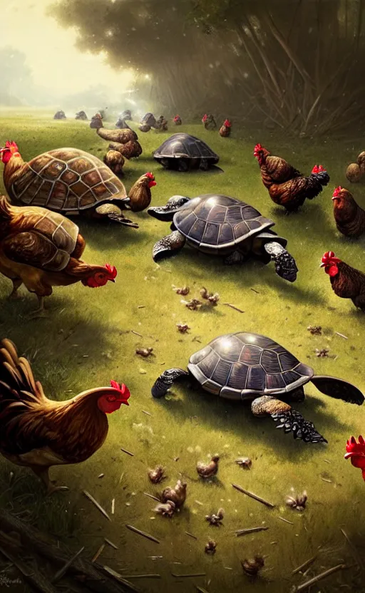 Image similar to war between chickens and turtles, wide angle shot by greg rutkowski