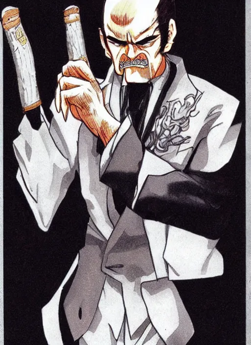 Image similar to heihachi mishima dressed formally, smoking a cigar, drawn in the style of keisuke itagaki, manga illustration, tekken