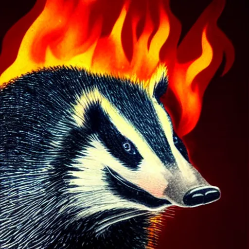 Prompt: a flaming badger standing in front of a wall of fire and smoke, gritty, realistic, fine detail