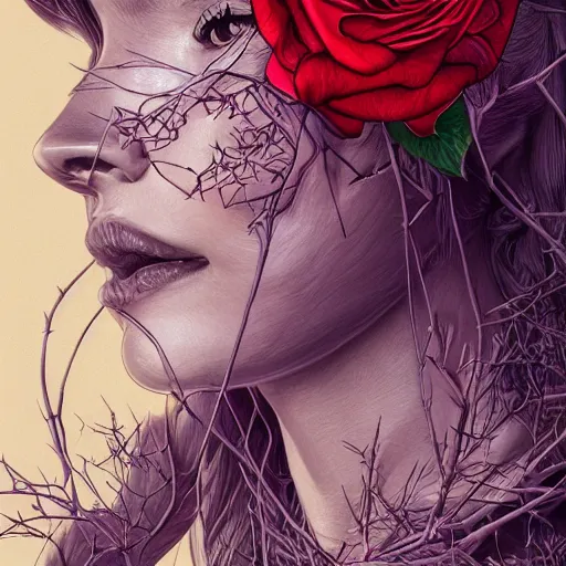 Image similar to the anatomy of a head of thorns with roses that resemble a beautiful young woman looking up, an ultrafine detailed illustration by james jean, intricate linework, bright colors, final fantasy, behance contest winner, vanitas, angular, altermodern, unreal engine 5 highly rendered, global illumination, radiant light, detailed and intricate environment