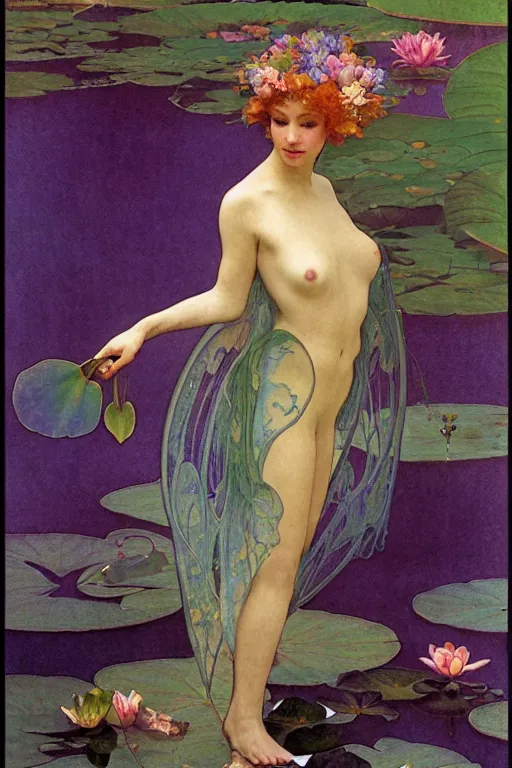 Prompt: a beautiful dressed faerie in a waterlily pond, detailed, rainbowshift, by maxfield parrish, alphonse mucha, brian froud