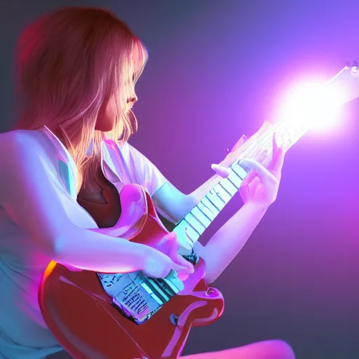 Image similar to women playing guitar, televisions, artstation, details, volumetric light, futuristic, pastel