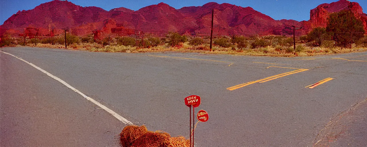 Image similar to spaghetti advertisement, highway 5 0, arizona, sunset, canon 2 0 mm, shallow depth of field, kodachrome, in the style of david hockney