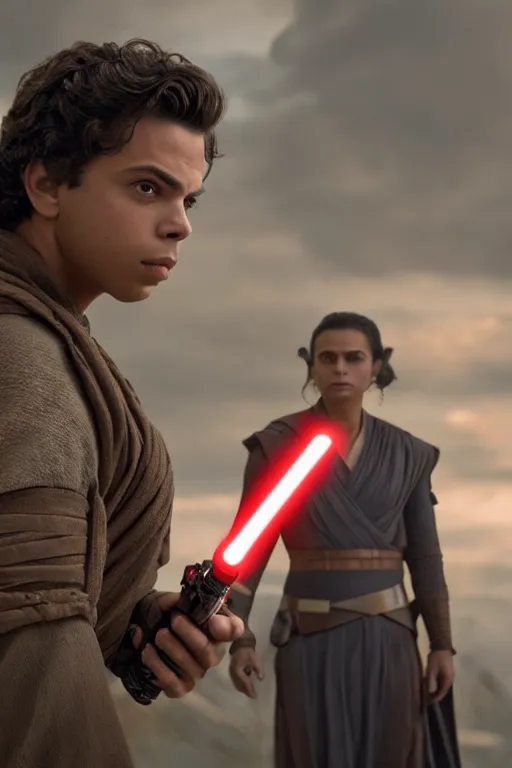 Prompt: jake t. austin as a jedi in star wars the rise of skywalker, 3 5 mm photography, highly detailed, cinematic lighting, standing pose, holding lightsaber 4 k