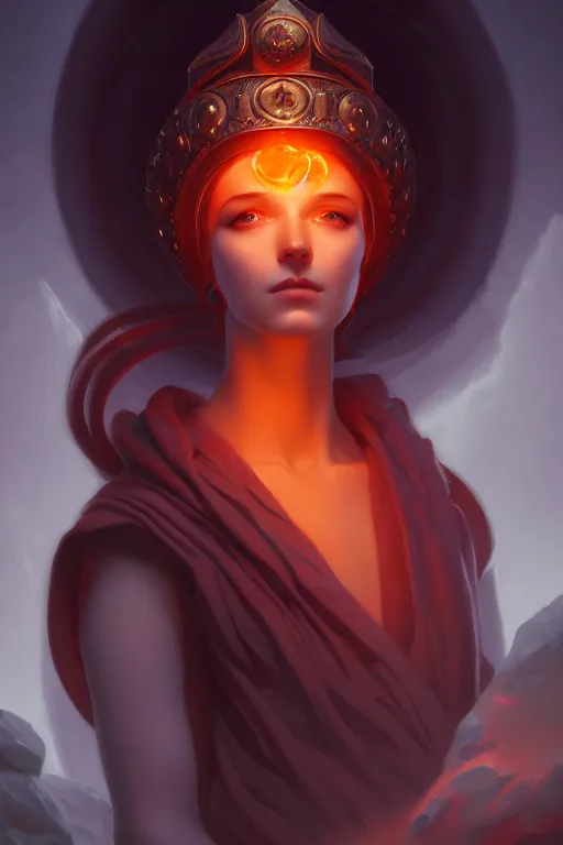 Image similar to a portrait of the goddess of magma, lava, fire, illustration, soft lighting, soft details, dark mood, painting oil on canvas by Edmund Blair Leighton and Charlie Bowater octane render trending on artstation d&d characters, 4k, 8k, HD