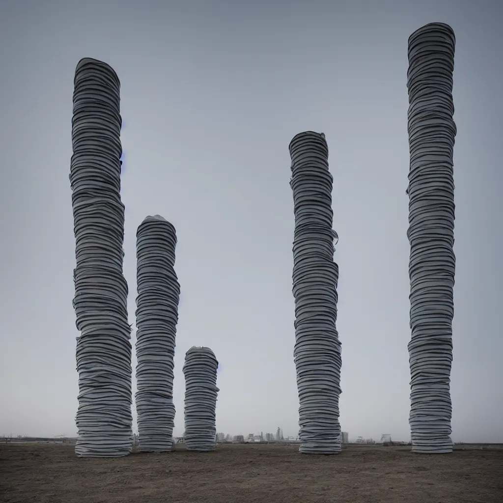 Image similar to two towers made up of colourful makeshift squatter shacks, pastel tones, plain uniform sky at the back, misty, mamiya rb 6 7, ultra sharp, very detailed, photographed by zaha hadid