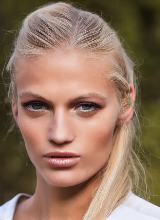 Image similar to color photograph of an olive skinned blonde female model in her early thirties, her hair pinned up, wearing a designer top, looking content, focused on her neck, facing the camera, photo realistic, extreme detail skin, natural beauty, no filter, slr, golden hour, 4 k, high definition, selfie