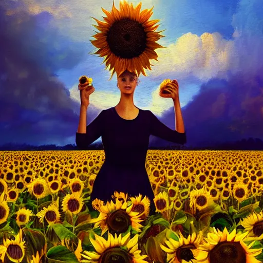 Prompt: giant sunflower head, portrait of girl in flower field, holding daisies, surreal photography, sunrise, impressionist painting, colorful clouds, digital painting, artstation, simon stalenhag, flower face