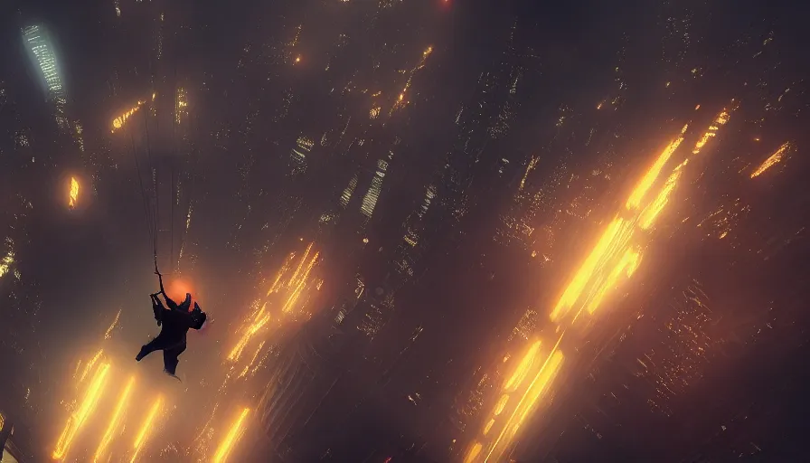 Image similar to man parachuting into a dark cyberpunk city through clouds, volumetric lighting, dystopia, artstation, concept art, painting