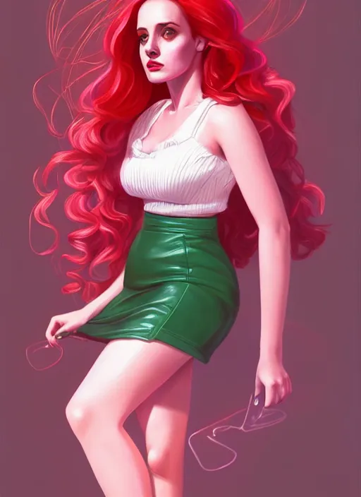 Image similar to full body portrait of teenage cheryl blossom, bangs, green eyes, sultry expression, red hair, sultry smirk, bangs and wavy hair, pink skirt, intricate, elegant, glowing lights, highly detailed, digital painting, artstation, concept art, smooth, sharp focus, illustration, art by wlop, mars ravelo and greg rutkowski