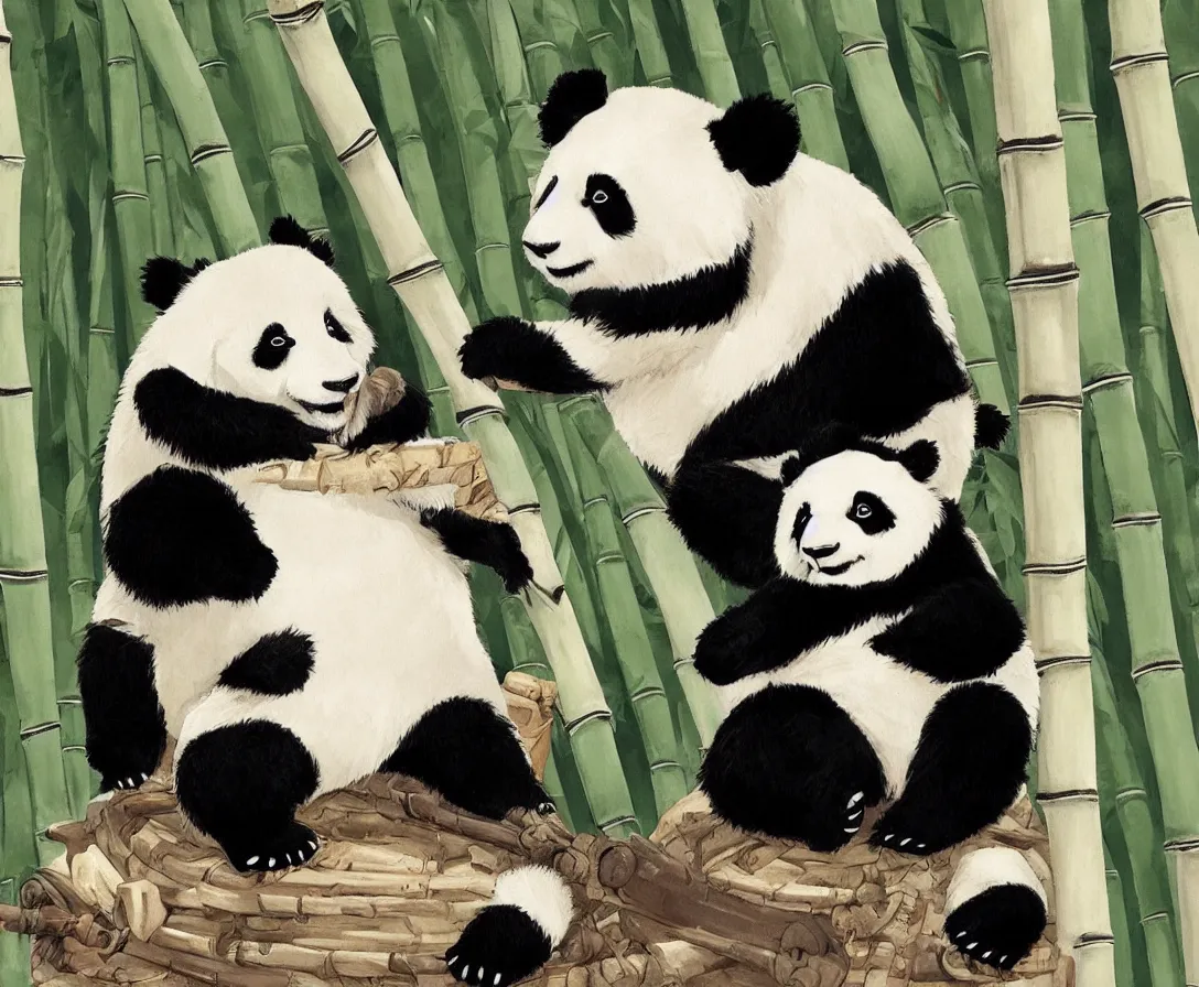 Image similar to anime panda sitting on a bamboo throne, game of thrones