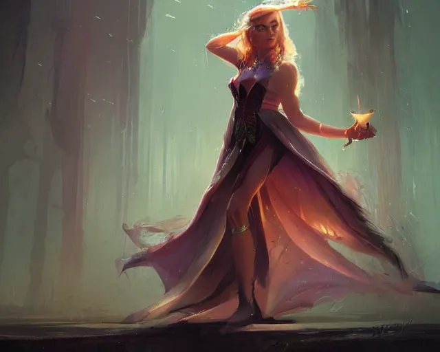 Image similar to margot robbie as a beautiful magician casting colorful spells, fantasy art, in the style of greg rutkowski, illustration, epic art, fantasy, intricate, elgant, amazing detail, digital painting, artstation, concept art, smooth, sharp focus