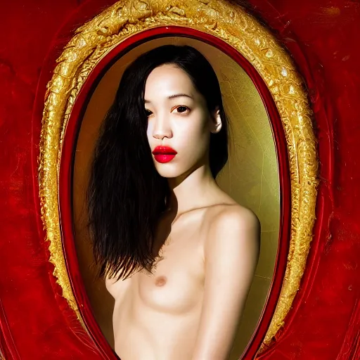 Image similar to Kiko Mizuhara full body laying in a blood red pool of water between a golden mirror frame, outside is space and inside the mirror frame is a beautiful landscape., physically accurate, dynamic lighting, intricate, elegant, highly detailed, very very Roberto Ferri, sharp focus, illustration, art