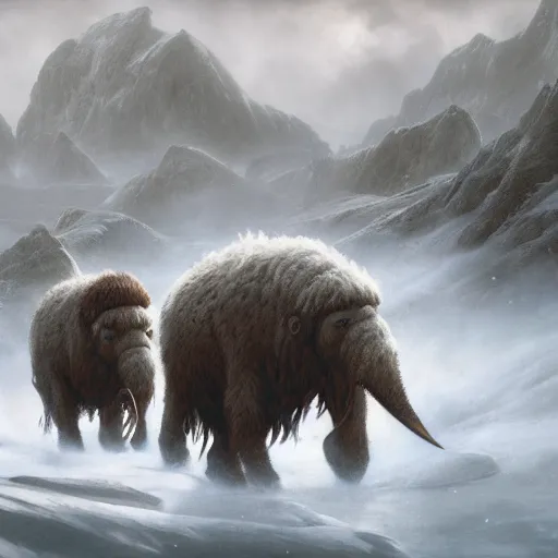 Image similar to Magic The Gathering art action shot of troll warriors riding wooly mammoths in the tundra, drawn by Donato Giancola and Tom Bagshaw, Edmund Leighton, Alphonse Mucha, 4k, volumetric lighting, intense battle scene award winning, octane render, hyperrealistic