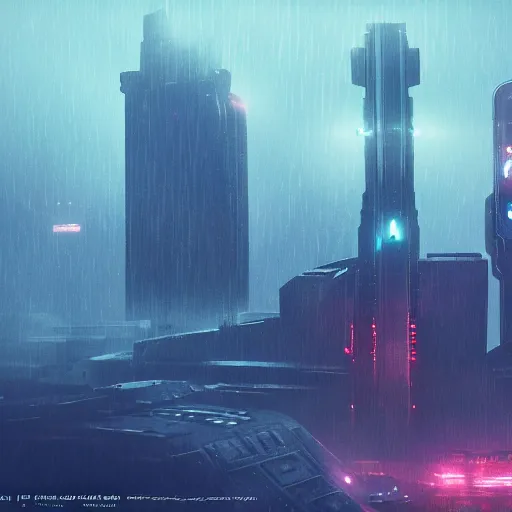 Image similar to cinematic view, giant futuristic cyberpunk spacecraft with small character silhouette in the foreground, blade runner, dense fog, bloom, cinematic contrasted lighting, ultra detailed, trending on artstation