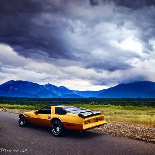 Prompt: pontiac firebird transam driving towards the camera, mountain scape, landscape photography, mountains, cinematic, wide shot, low angle, huge mountains, thunder storm, tornado