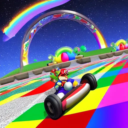 Image similar to Mario kart rainbow road, hyper realistic