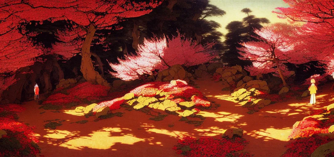 Image similar to ghibli illustrated luminism background of a trail leading through a strikingly beautiful landform with strange rock formations and blood red waterfall, fallen leaves blow in the wind and cherry blossoms by vasily polenov, eugene von guerard, ivan shishkin, albert edelfelt, john singer sargent, albert bierstadt 4 k