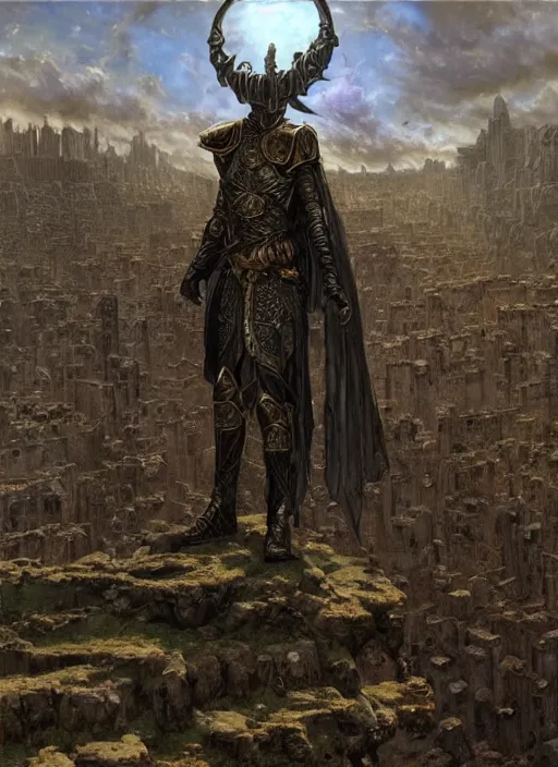 Image similar to The Eldritch Knight standing atop the ruins of a kingdom, full body fantasy art by Donato Giancola, Craig Mullins, digital art, trending on artstation