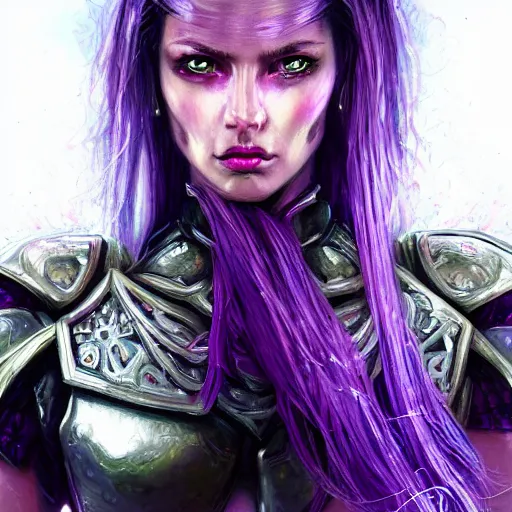 Prompt: extreme close up portrait of a beautiful woman in bionic amethyst armor, female, flowing purple hair, intense stare, stoic, symmetrical, concept art, intricate detail, volumetric shadows and lighting, realistic oil painting magic the gathering style, destiny,