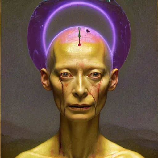 Prompt: Woman masterpiece, Tilda Swinton, bald, multiple purple halos, blood dripping down the head, yellow, golden halo behind her head, wires everywhere, by Edgar Maxence and Ross Tran, Zdzisław Beksiński, and Michael Whelan, distant, gustav dore, H.R. Giger, 8k, octane render