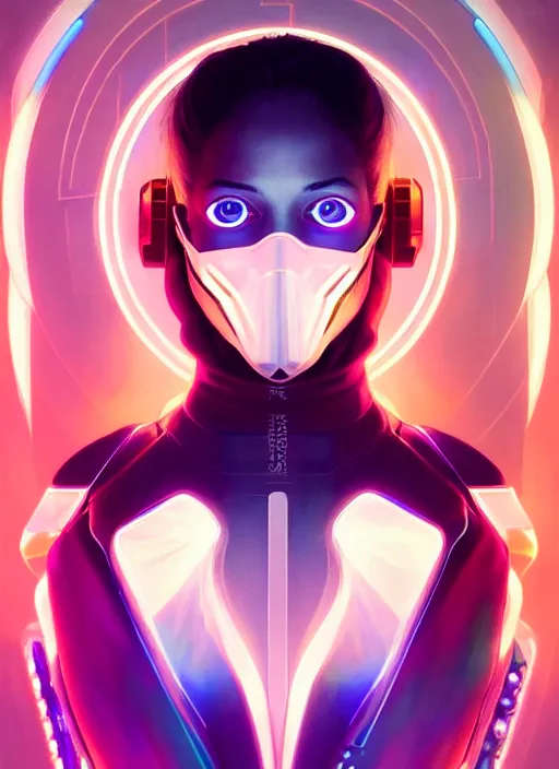 Prompt: symmetry portrait of a very beautiful caucasian young cyberpunk woman wearing a filter mask, sci - fi, tech wear, glowing lights intricate, elegant, highly detailed, digital painting, artstation, concept art, smooth, sharp focus, illustration, art by artgerm and greg rutkowski and alphonse mucha