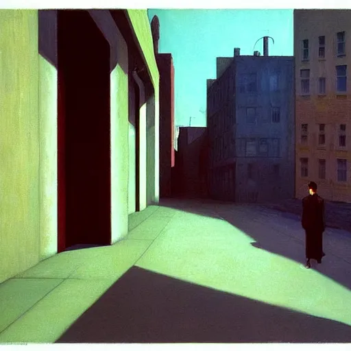 Image similar to city alley by Edward Hopper and James Gilleard, Zdzislaw Beksinski, highly detailed