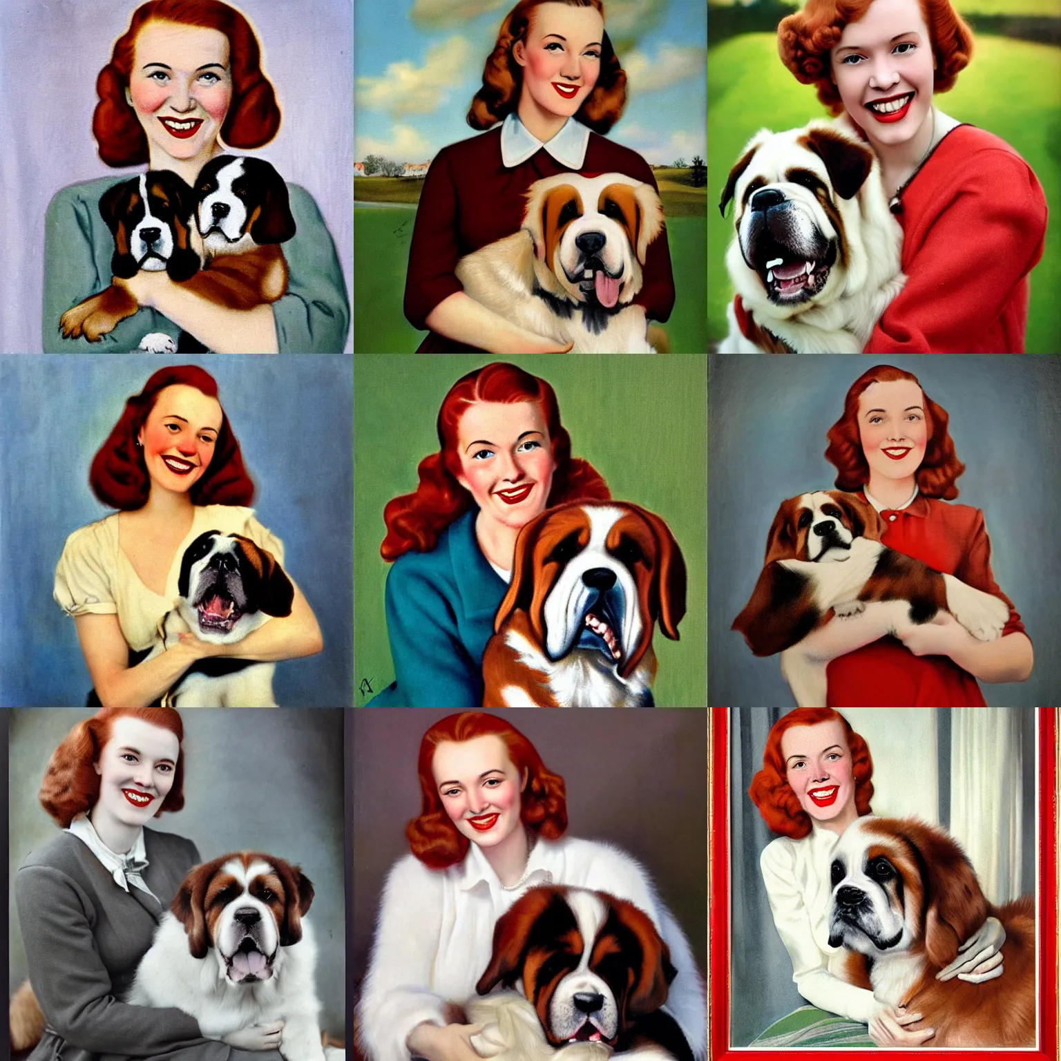 Prompt: red haired woman smiling with her saint bernard dog, portrait by normal rockwell 1 9 4 0 s