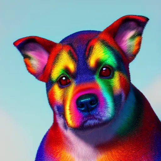 Prompt: rainbow puppy, realistic artstyle, wide shot, dramatic lighting, octane render, hyperrealistic, high quality, highly detailed, HD, beautiful, cinematic, 8k, unreal engine, facial accuracy, symmetrical