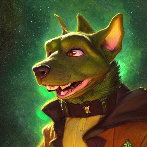 Prompt: a portrait of a male green canine dragon in starfleet uniform at night in a dark forest. zootopia fursona furaffinity furry art detailed face painting by gaston bussiere craig mullins jc leyendecker gustav klimt artgerm greg rutkowski furry