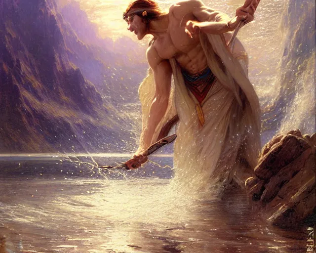 Image similar to attractive male wizard casting powerful giant tsunami spell in a beautiful lake. highly detailed painting by gaston bussiere, craig mullins, j. c. leyendecker 8 k