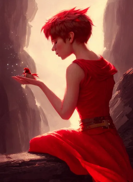 Prompt: Image of tiny pixie sitting on top of a human hand, D&D fantasy, wearing a red dress, intricate, highly detailed, digital painting, artstation, concept art, sharp focus, illustration, art by greg rutkowski and Ross Tran