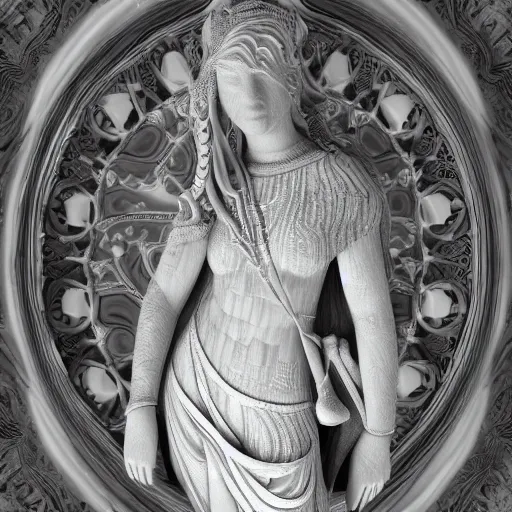 Prompt: marble goddess, intricate, detailed, 4 k, octane render, black and white, intricate background