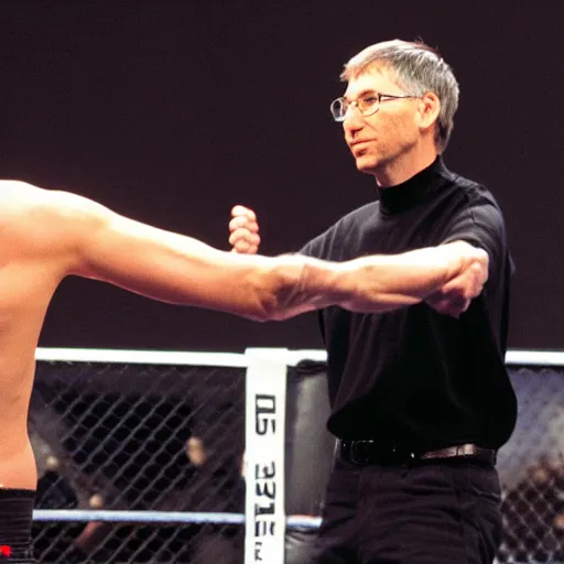 Image similar to steve jobs fighting bill gates, ultimate fighting championship