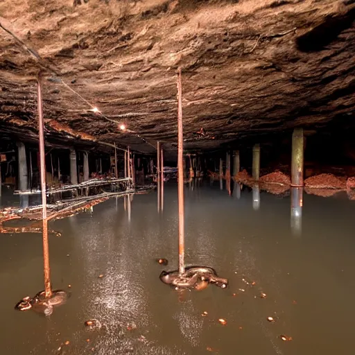 Image similar to underground copper mine, flooded, dirty water, rusty pipes