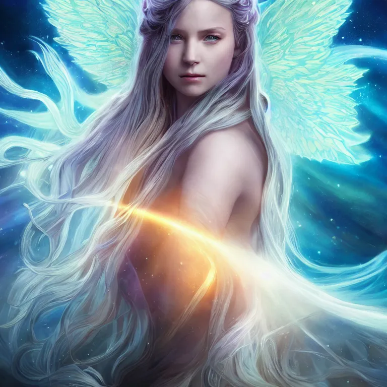 Prompt: beautiful cinematic fantasy poster, a beautiful princess queen with dark rainbow angel wings with flowing illuminated hair, beautiful glowing galaxy eyes, wideshot ultrawide angle epic scale, hybrid from The Elden Ring and art direction by Darius Zawadzki ;by artgerm; wayne reynolds art station; cinematic quality character render; low angle; ultra high quality model; production quality cinema model;