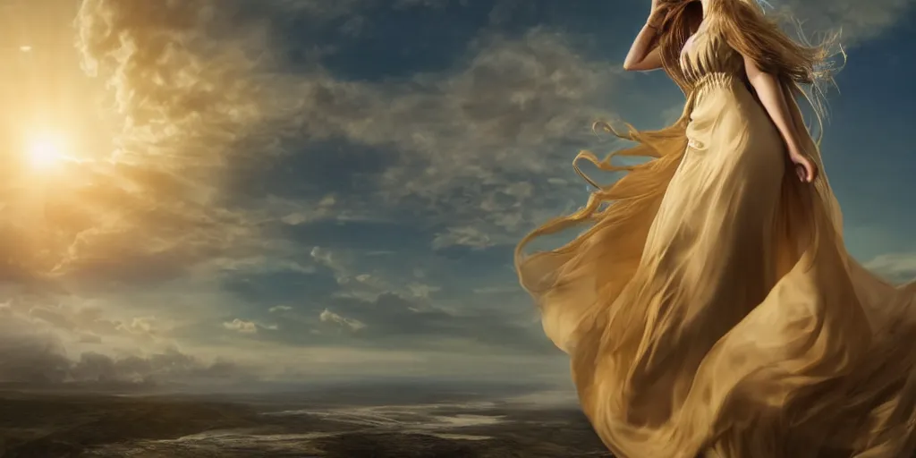 Image similar to realistic scene of 1 mysterious woman in silky clothes with long golden hair walking on a clouds trying to touch the sun, detailed, 1 4 5 0, delicate, hyper realism, ultra realistic, 8 k